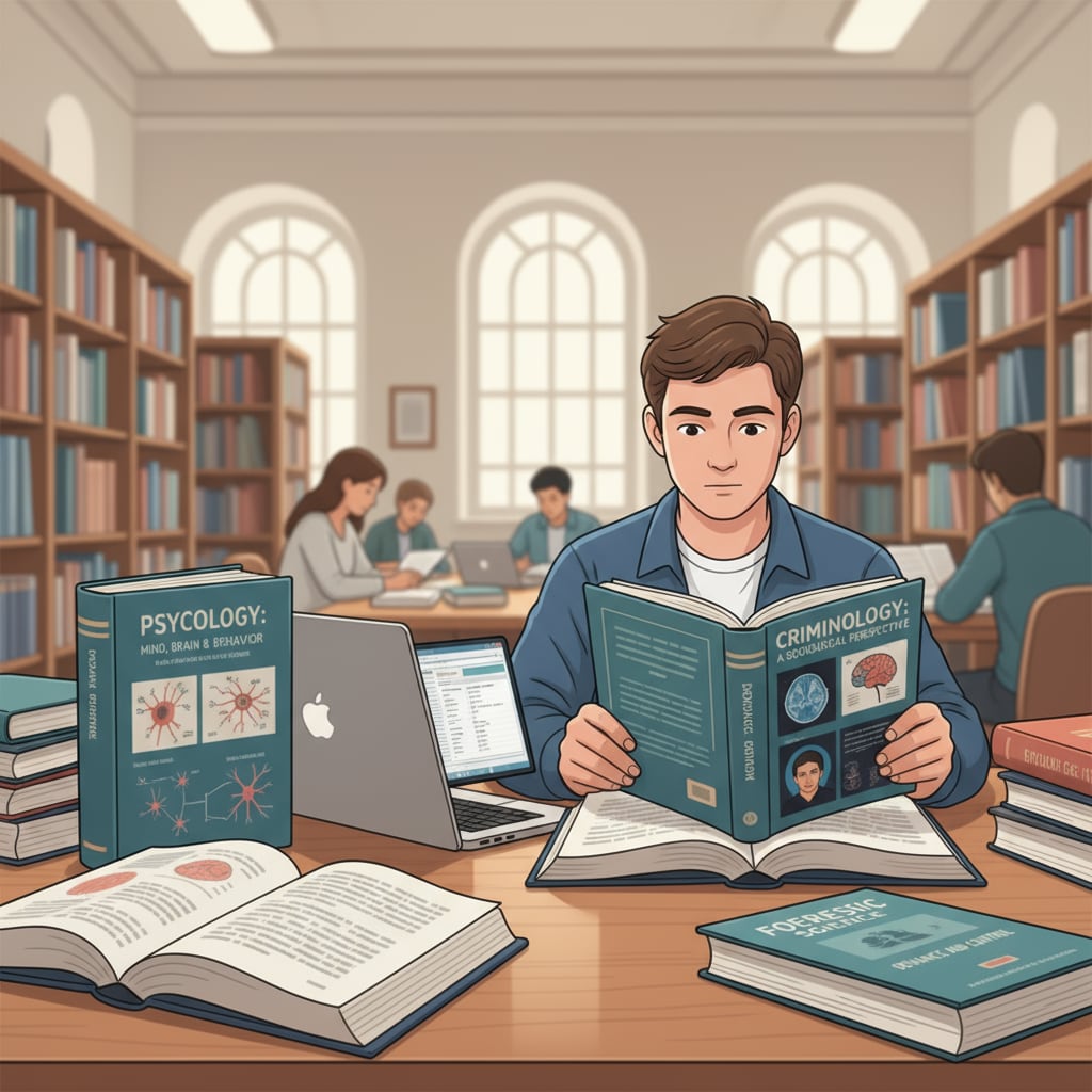 A student researching in a library, looking at books on psychology and criminology Student researching dual degrees in psychology and criminology in a library