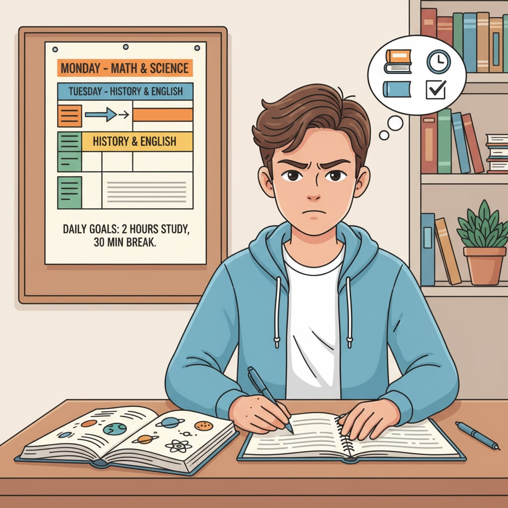 A teenager sitting at a desk, following a study schedule with determination. Teenager with self-discipline difficulties following a study plan.