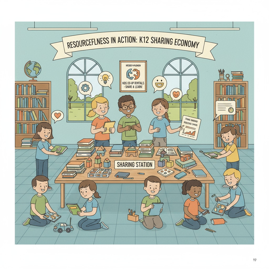 A group of K12 students are seen engaged in sharing and renting out their idle items like books, toys, and stationery among themselves, showing a sense of cooperation and resourcefulness. K12 students participating in idle item sharing and rental for extra income