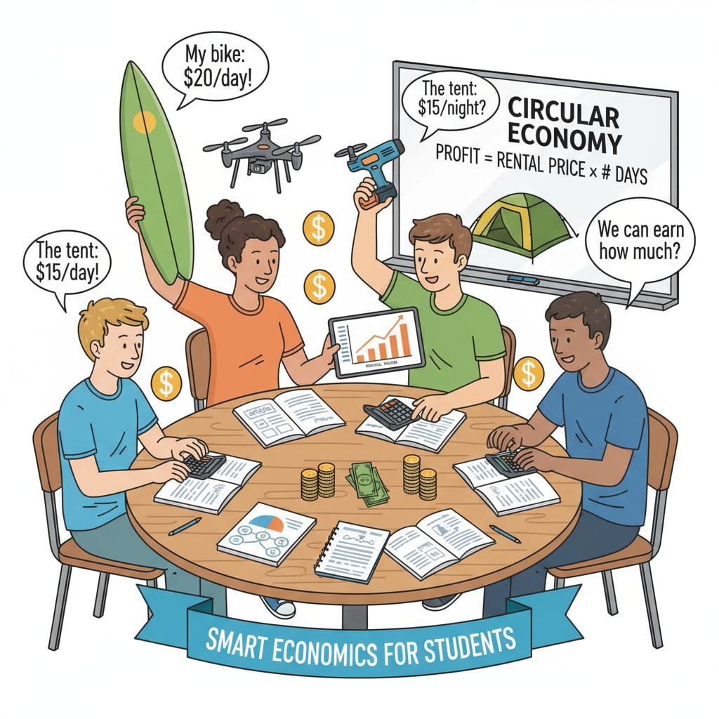 Students are gathered around a table, discussing the rental prices of their idle items and using calculators to figure out potential profits, demonstrating their engagement with economic concepts. Students calculating potential extra income from idle item rentals