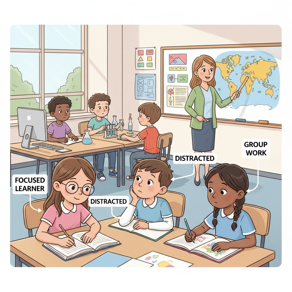 A group of students are sitting in a K12 classroom, some are attentively studying while others seem distracted. Students in a K12 classroom showing different levels of engagement related to academic dismissal, student failure, and university impact