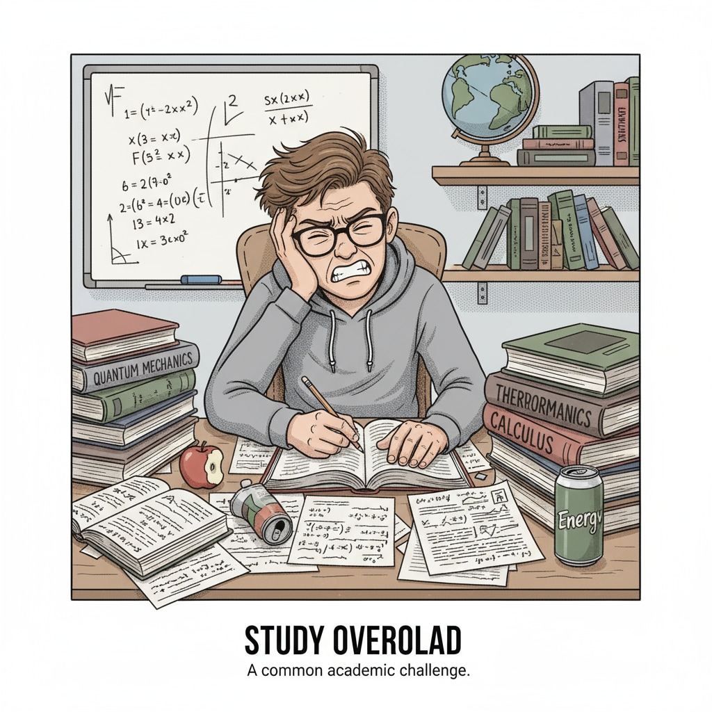 A student is sitting at a desk surrounded by messy books and papers, looking frustrated. A frustrated student with disorganized study materials in relation to academic dismissal, student failure, and university impact