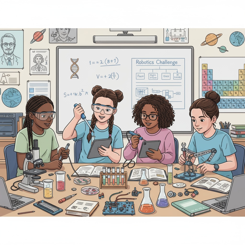 Girls collaborating on a STEM project in a classroom, highlighting gender differences in STEM education.