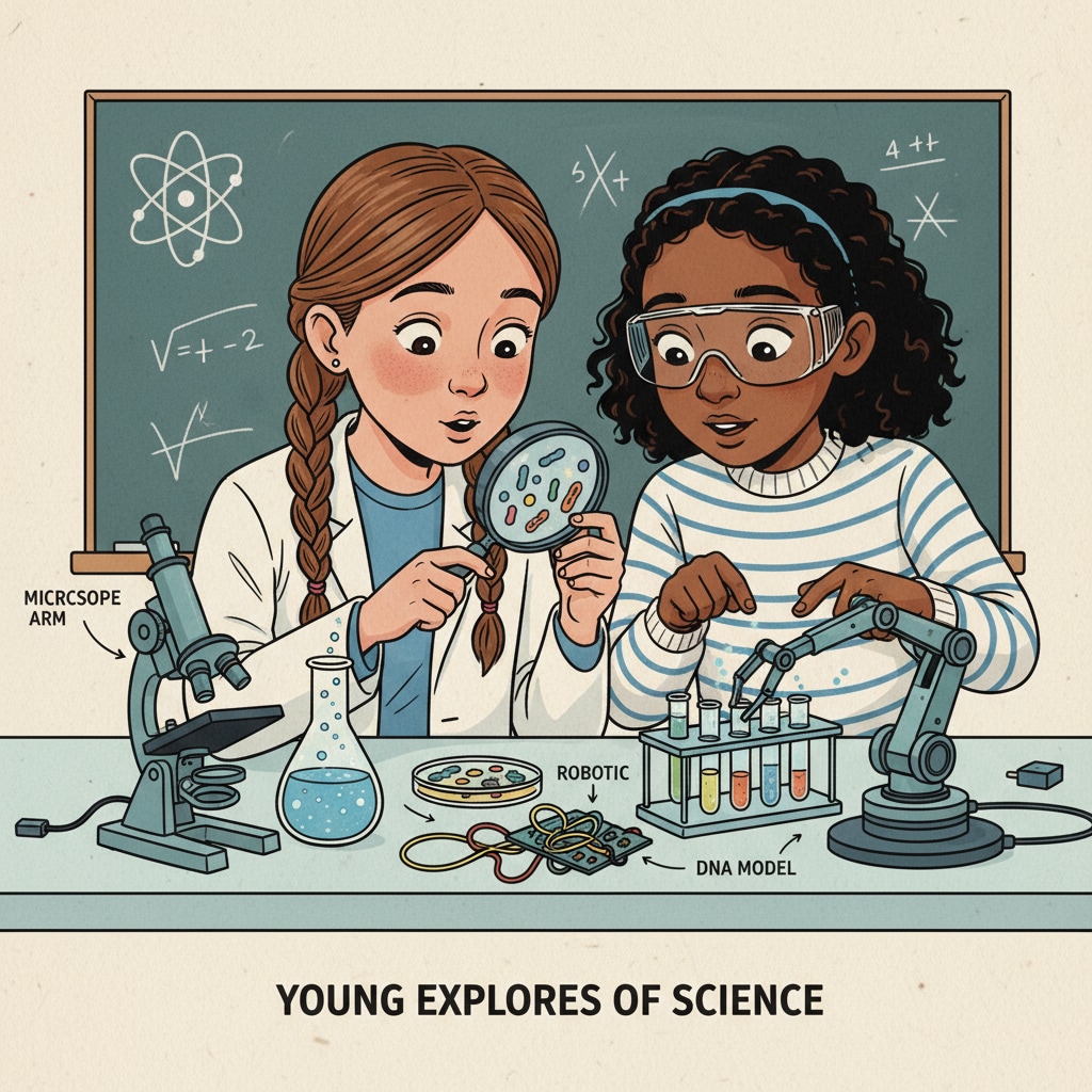 Girls showing curiosity towards scientific equipment, reflecting on gender differences in STEM learning.