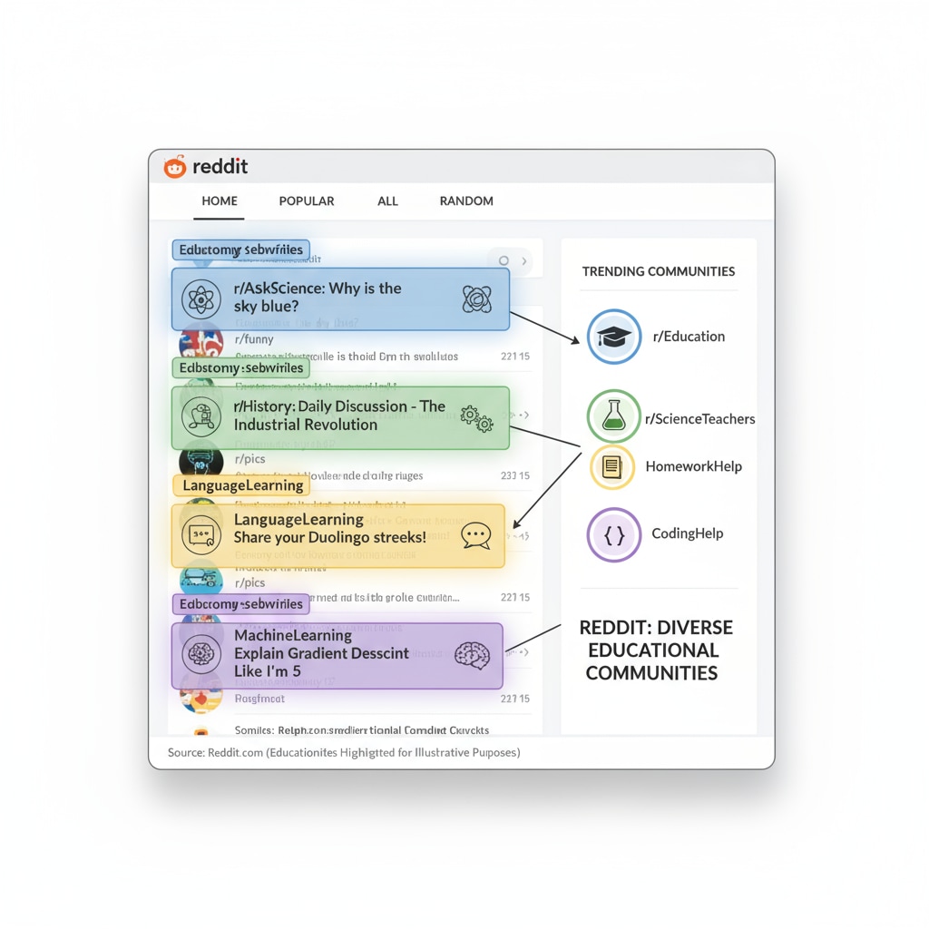 A screenshot of the Reddit homepage with various educational subreddits highlighted. This gives a visual representation of the diverse educational communities available on Reddit. Screenshot of Reddit homepage showing educational subreddits for K12 teachers and parents