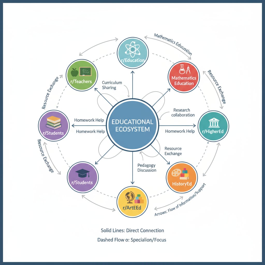 A visual graphic depicting different educational subreddits on Reddit, showing how they are distinct yet interconnected in the educational ecosystem. Visual representation of various educational subreddits for K12 education on Reddit