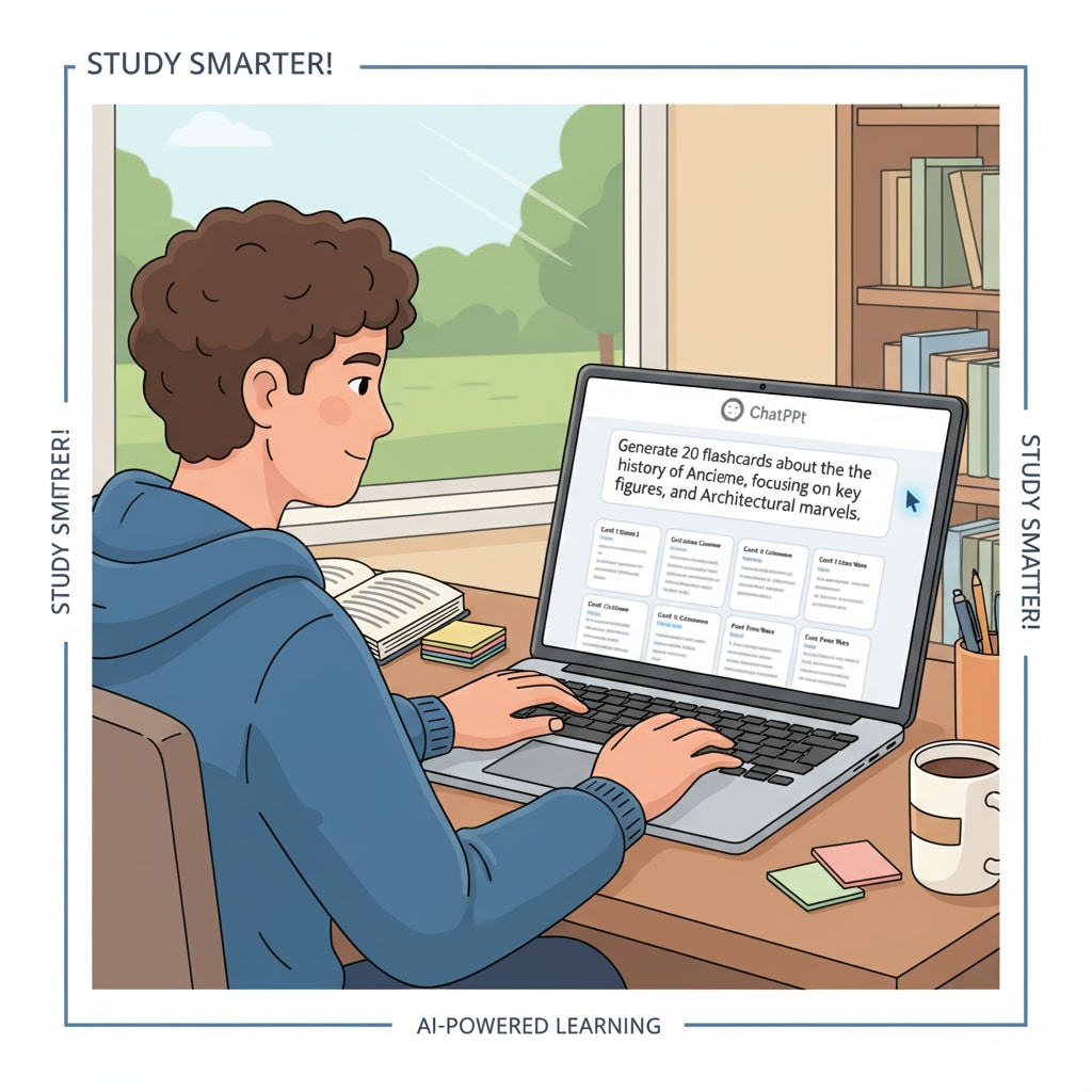 A student is sitting in front of a laptop. The screen shows a ChatGPT interface where the student is inputting text to generate flashcards. A student using an AI tool (ChatGPT) to generate flashcards for study