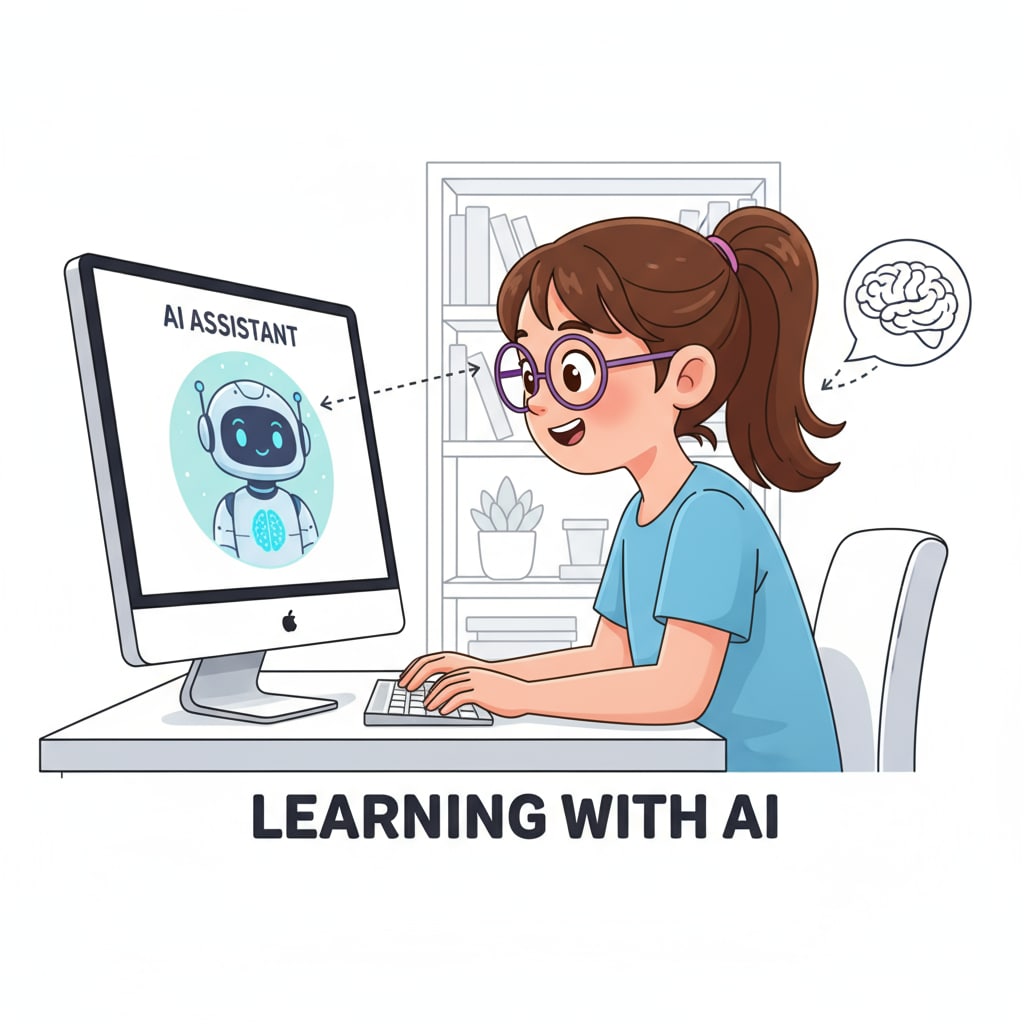 A young girl is sitting in front of a computer, her eyes fixed on the screen where an AI - generated avatar is displayed. She looks curious and excited. A 9 - year - old girl exploring an AI avatar, highlighting the connection between AI avatars, child safety, and technological exploration