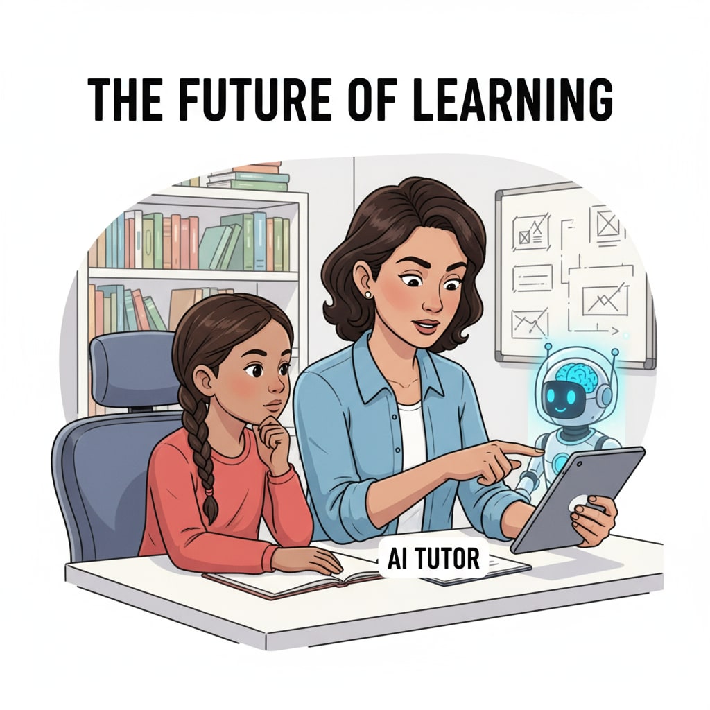 A parent and a child are sitting side by side, looking at a tablet. The tablet shows an AI avatar, and the parent is pointing at it while having a serious conversation with the child. A parent discussing child safety in the context of AI avatars, related to technological exploration