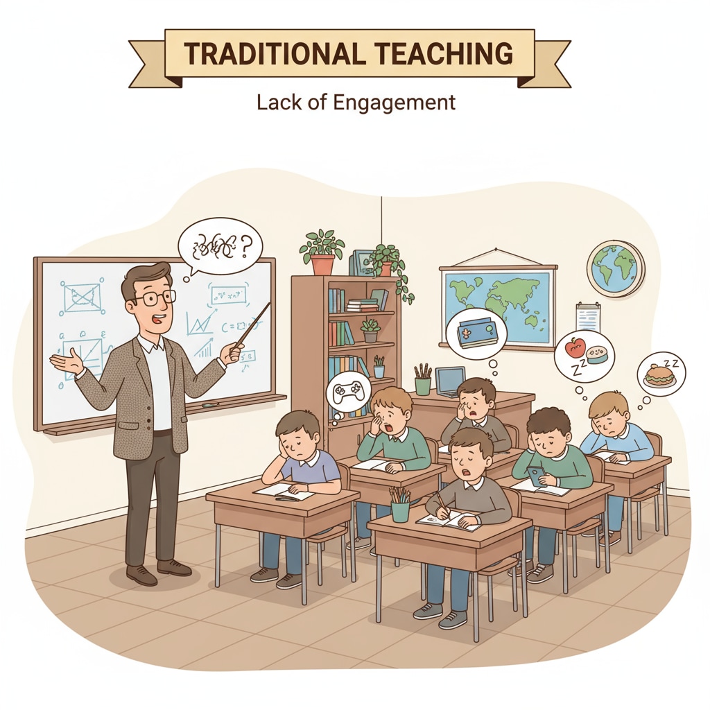 A classroom scene shows students looking bored as the teacher lectures, representing the lack of engagement in traditional teaching methods. A bored classroom under traditional teaching methods related to education system, teaching methods, and critical thinking