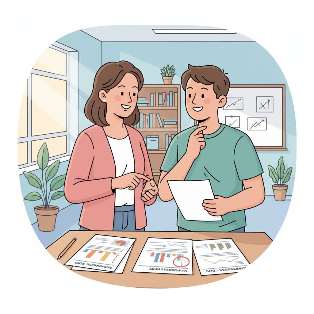 A teacher is having a friendly discussion with a student, pointing at some assessment result papers, with a positive and encouraging atmosphere. A teacher discussing educational assessment results with a student, relevant to student ability measurement and teaching strategies