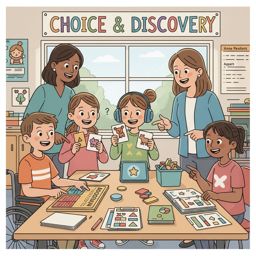 A group of special education students are looking at different learning materials with excited expressions, showing their engagement in making choices. Special education students making academic choices