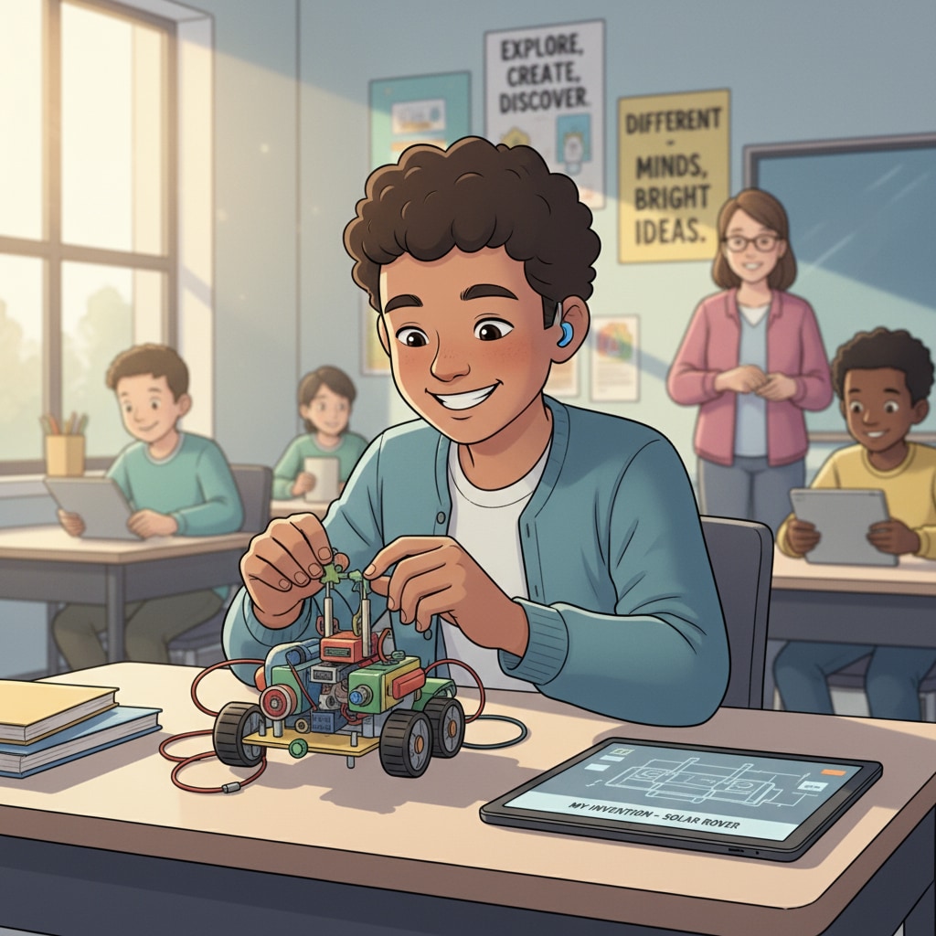 A special education student is concentrating on a project they have chosen, with a sense of accomplishment on their face. Special education student engaged in a chosen academic project