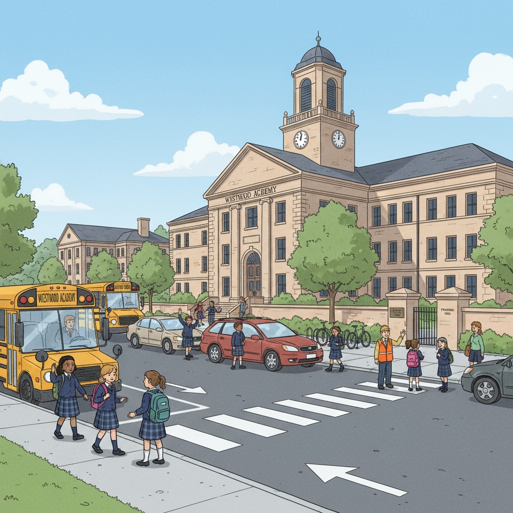 A busy morning at a private school showing the commute situation