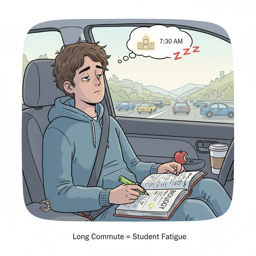 A tired student during a long commute to a private school