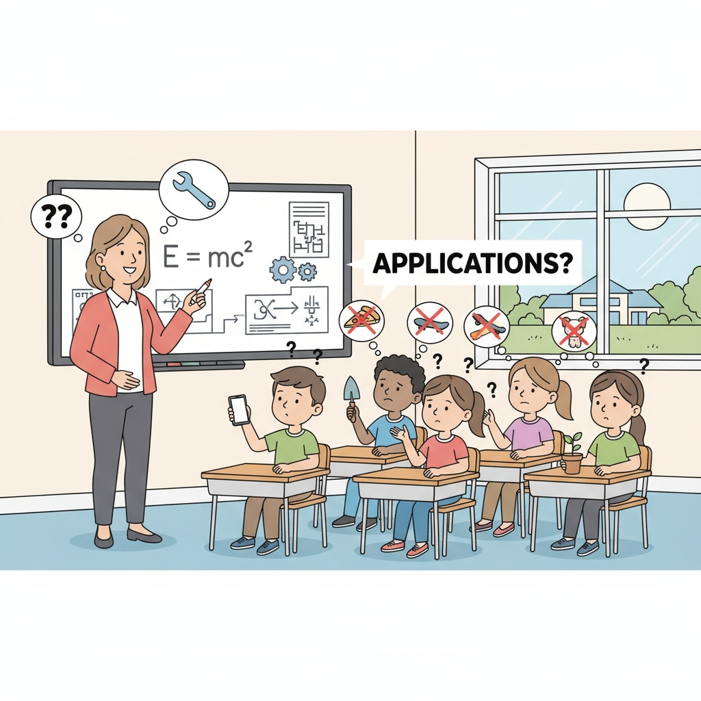 A classroom scene where students are listening to the teacher, looking somewhat confused about the practical use of the knowledge being taught Students in a classroom showing confusion about the practicality of school education