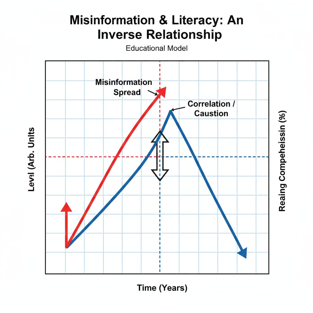 Relationship between low reading comprehension and misinformation spread
