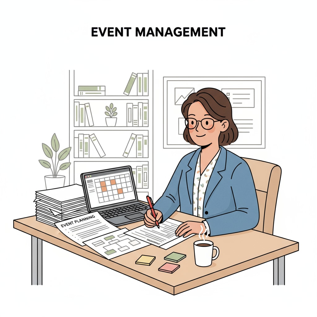 An educator working on event planning details in K12 education in relation to event planning, professional certification, communication vs. business