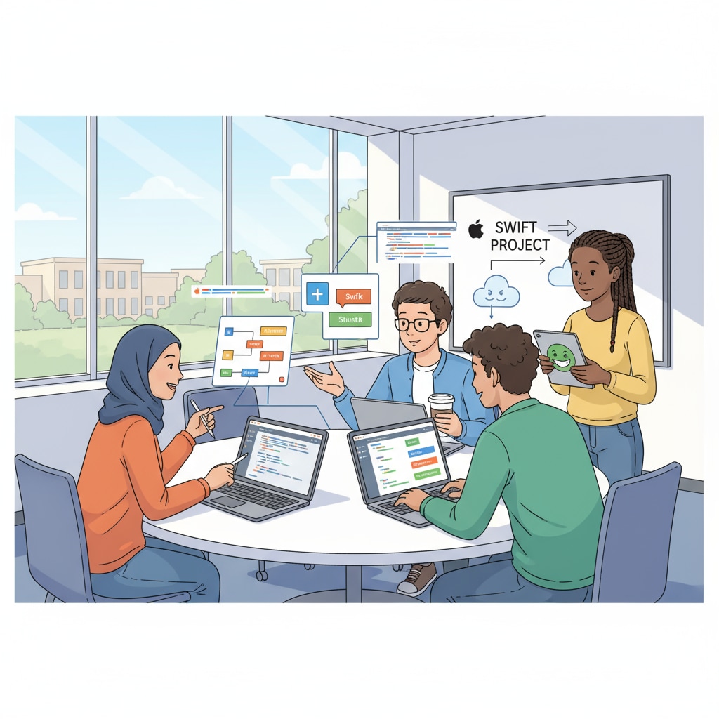 Students collaborating on Swift programming projects in a modern classroom setting. There are laptops open, and they are discussing code. Students collaborating on Swift programming projects related to Swift Student Challenge, software development, and career development