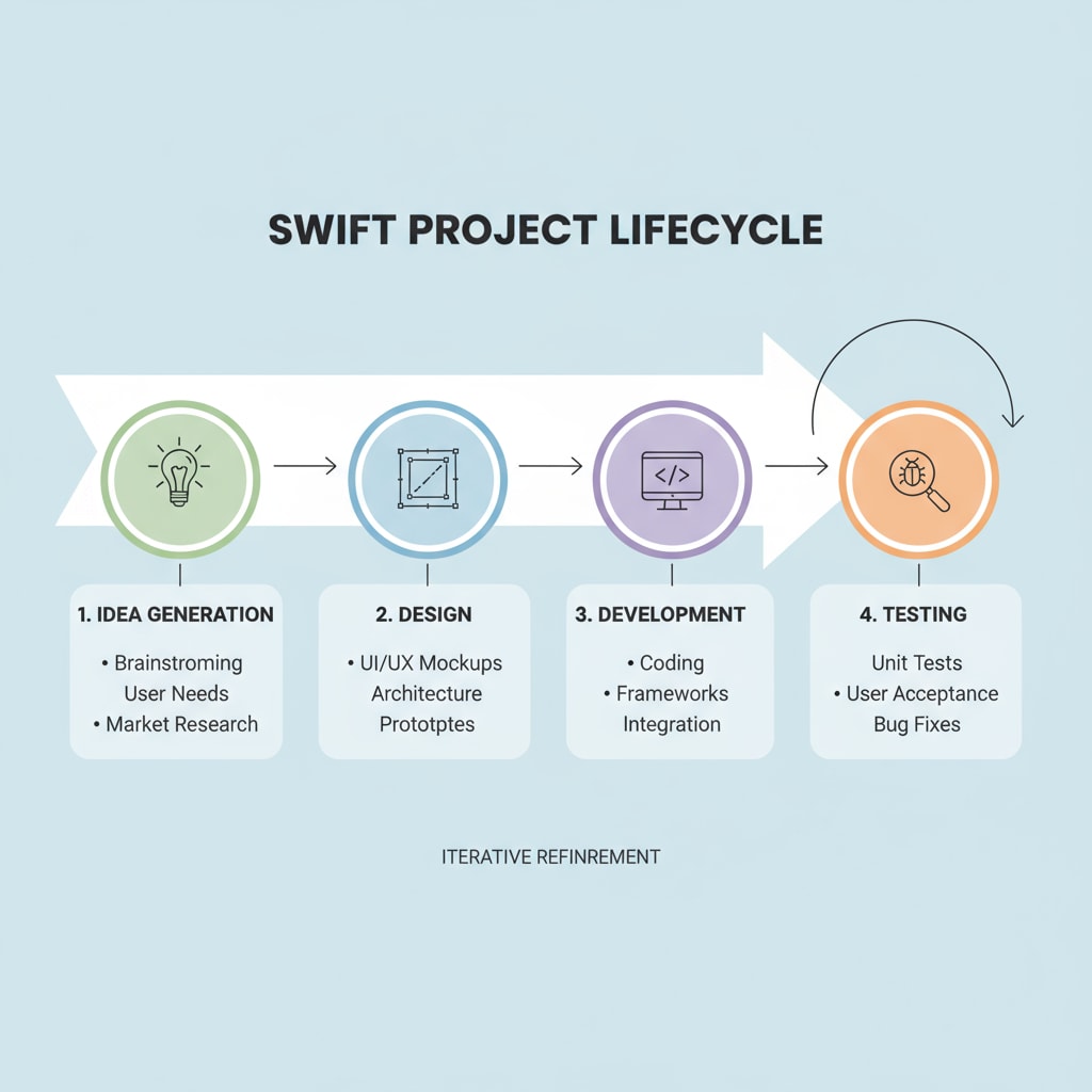 A diagram showing the stages of a Swift project planning, including idea generation, design, development, and testing. Diagram of Swift project planning for Swift Student Challenge, software development, and career development