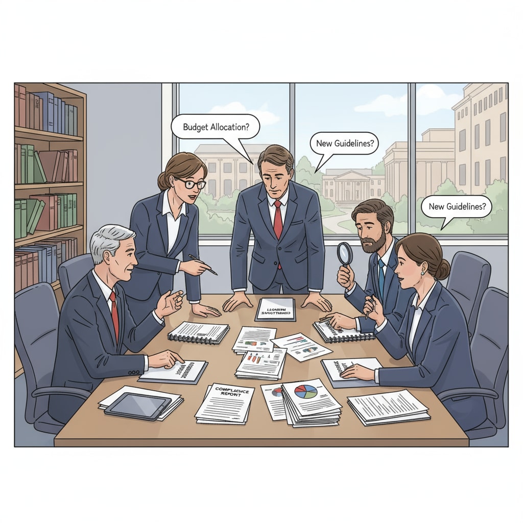 University administrators discussing compliance reports related to Title IX and management