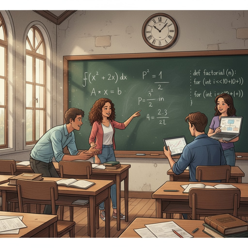 A group of students are engaged in a lively discussion about math and programming problems in a European university classroom. The blackboard is filled with equations and coding snippets. Students with math and programming talents discussing in a European university classroom during their study abroad planning