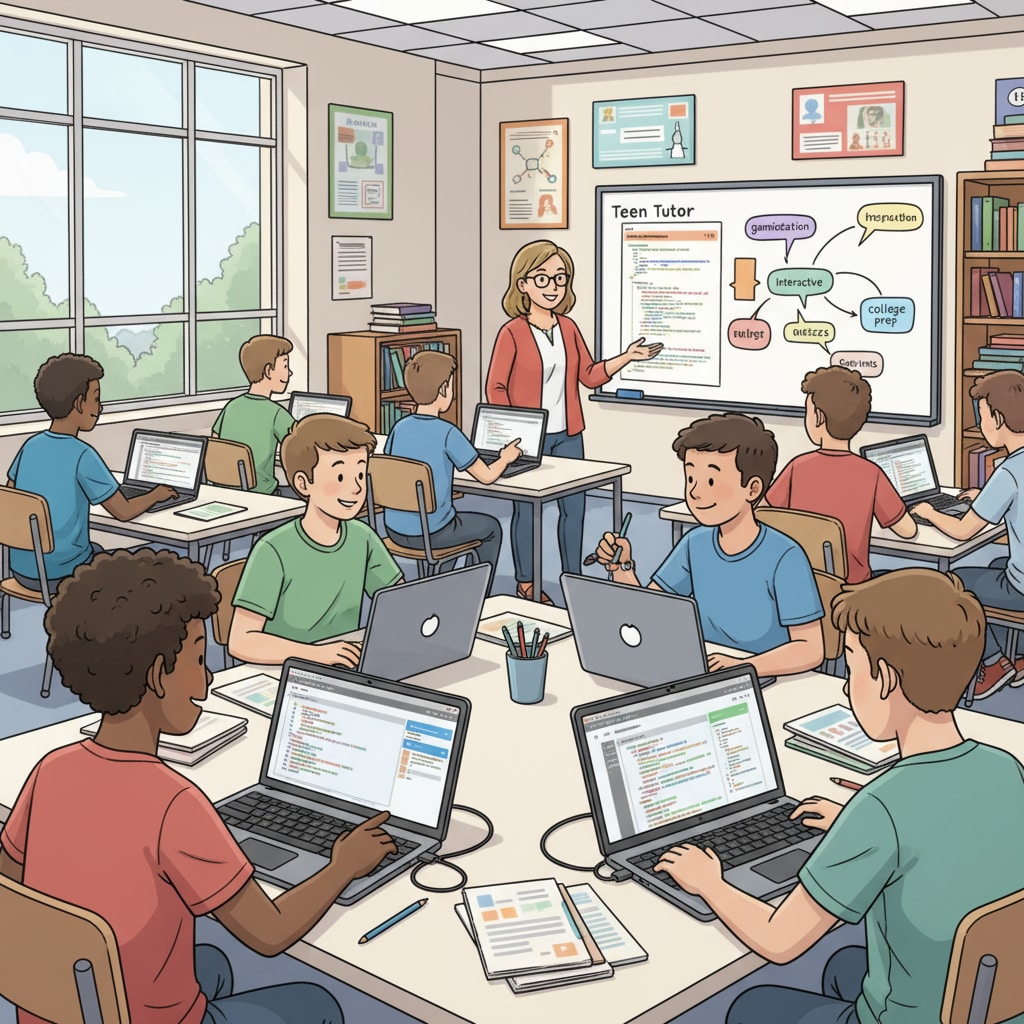 Students are working together to use programming skills to create educational apps specifically designed for teenagers. There are laptops open with code visible on the screens. Students with math and programming talents creating educational apps for teenagers as part of their European study abroad plan