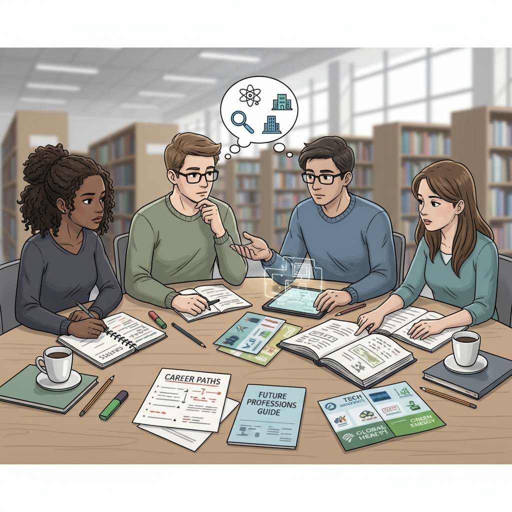 A group of teenagers are sitting around a table, looking thoughtful as they discuss their future career options. Some have notebooks open, jotting down ideas. Teenagers discussing career choices amidst father-son conflicts and military pressures