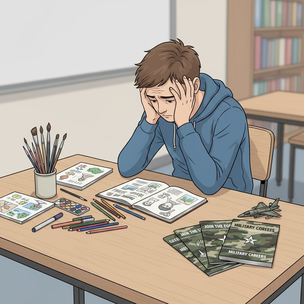 A young man is sitting at a table. On one side, there are art supplies like paintbrushes, colored pencils, and sketchbooks. On the other side, there are military brochures. He is looking conflicted, with his head in his hands. A young man facing a dilemma between art aspirations and military pressure from his father