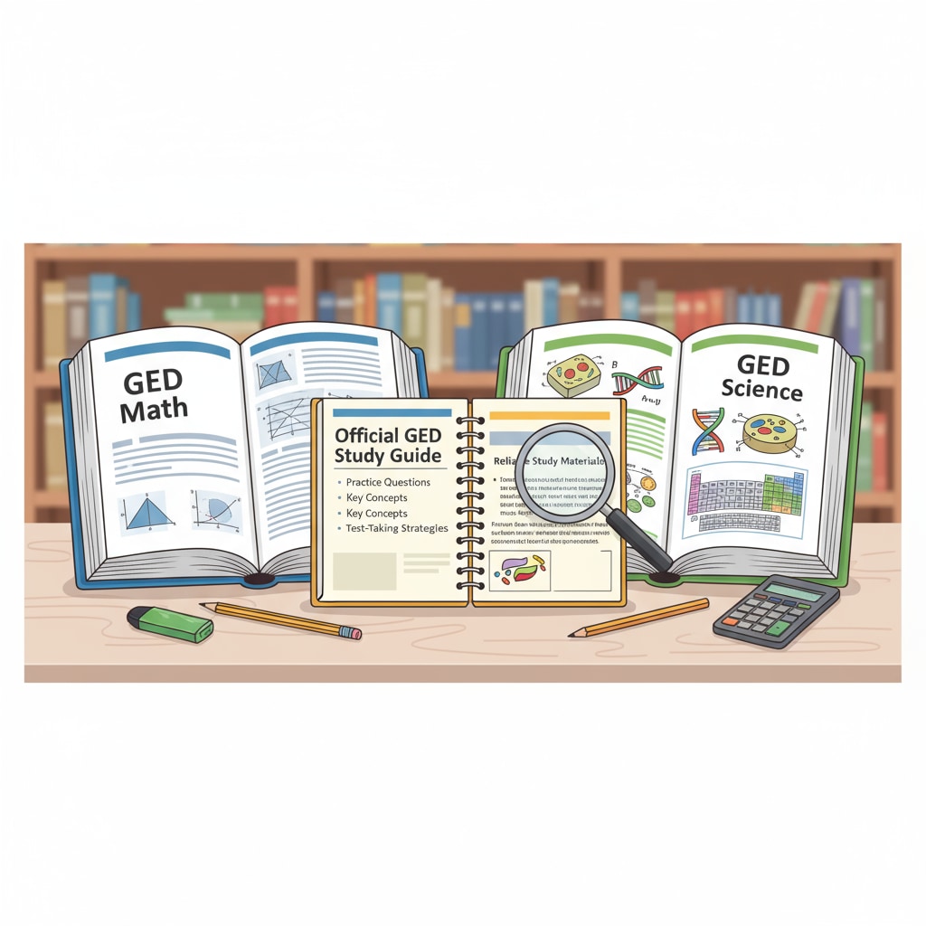An image of open textbooks related to GED math and science along with a study guide, indicating reliable study materials. GED exam math and science official study materials