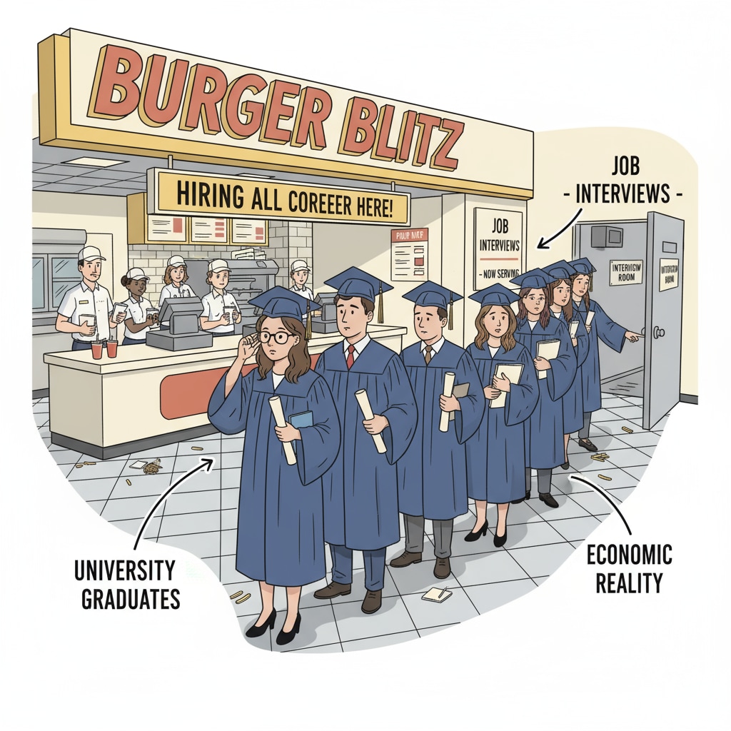 A group of university graduates queuing for job interviews at a fast-food restaurant, showing the reality of graduates entering non-professional fields. University graduates in a fast-food restaurant job interview queue related to job market and university degrees