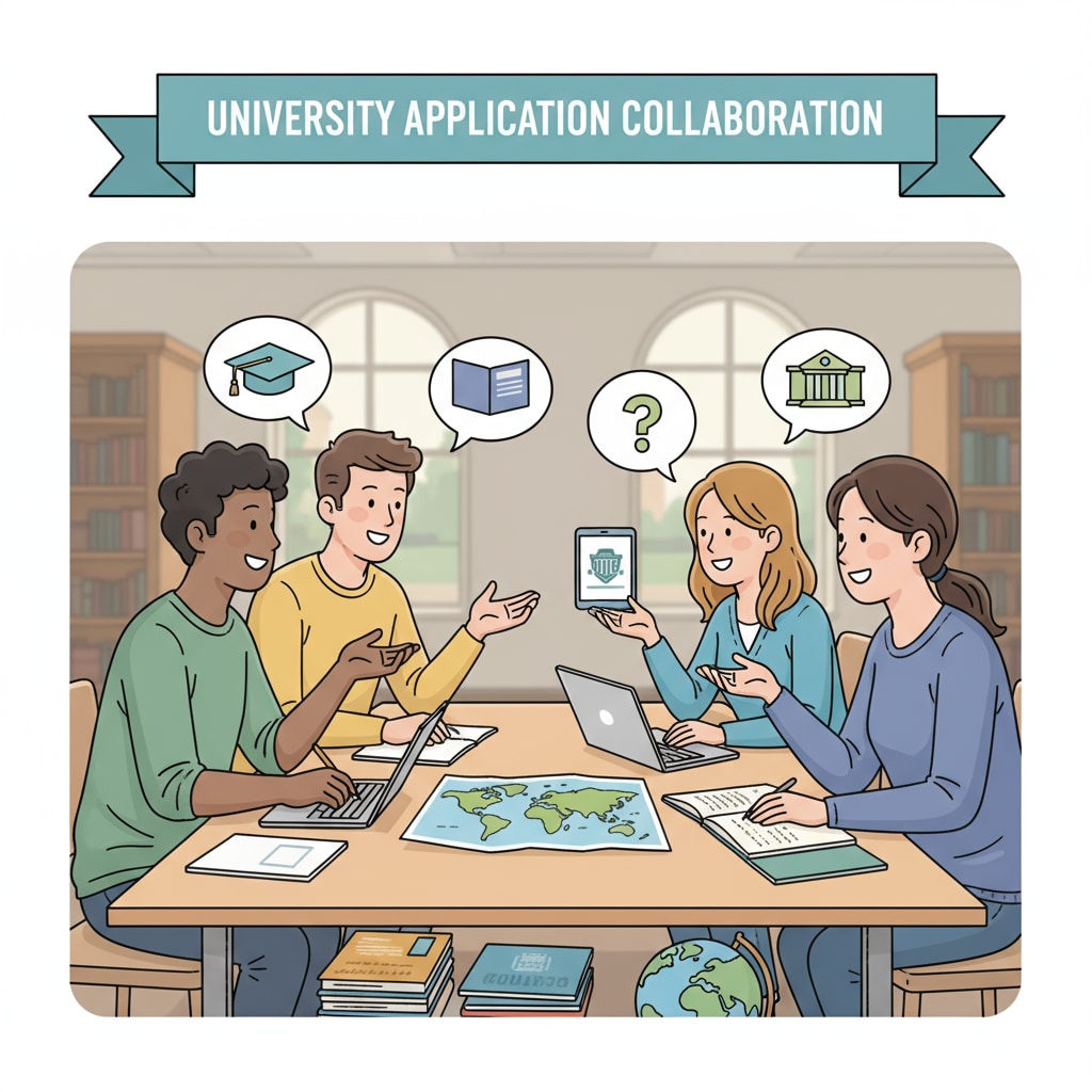 A group of students are sitting around a table, discussing and studying together. This scene represents the collaborative and studious spirit that can be beneficial in the university application process. Students engaged in activities relevant to university applications, scholarships, and extracurricular activities