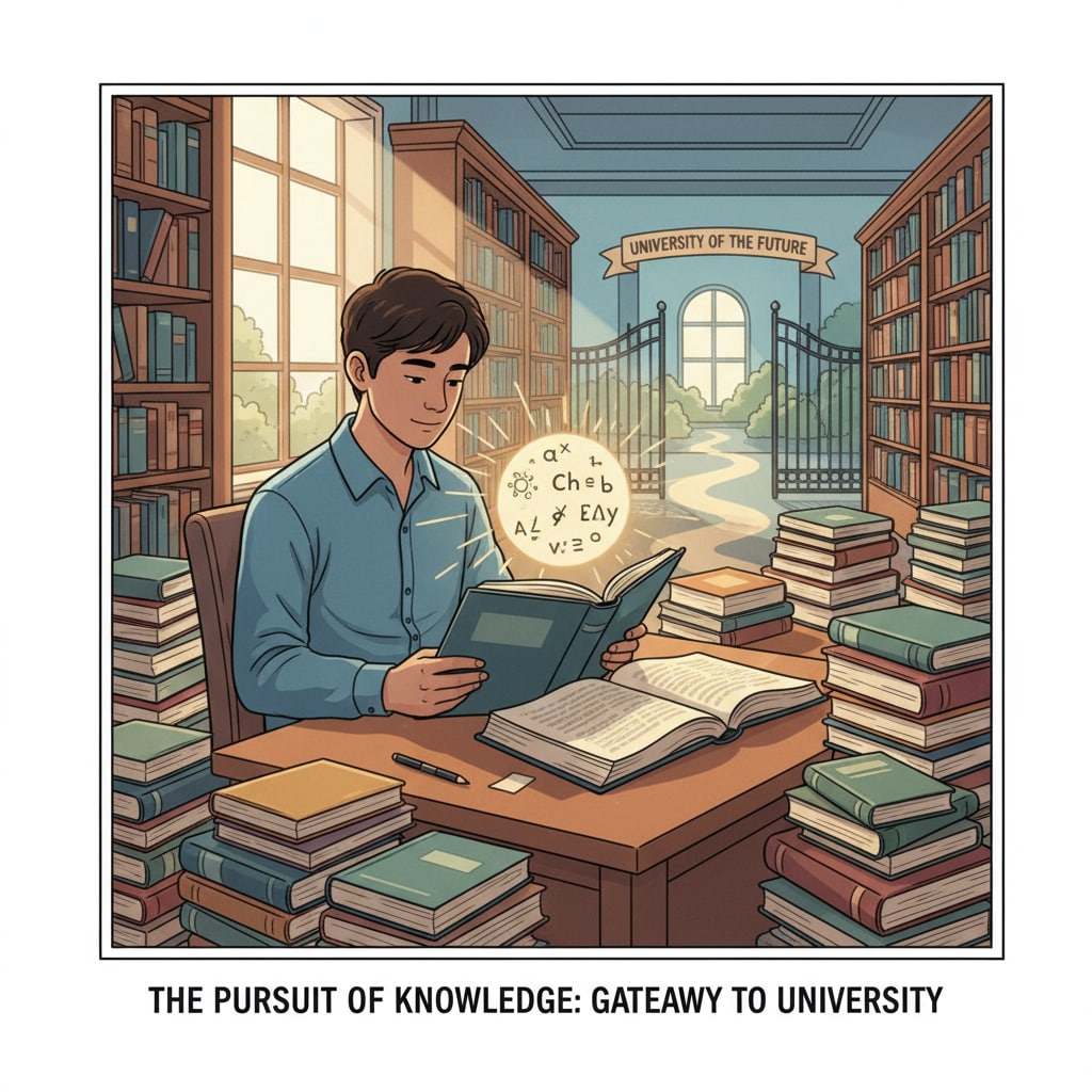 A student is sitting at a desk in a library, surrounded by books, deeply engrossed in reading. This image symbolizes the pursuit of academic knowledge, which is a key aspect of building a strong university application. Student involved in academic activities related to university applications, scholarships, and extracurricular activities