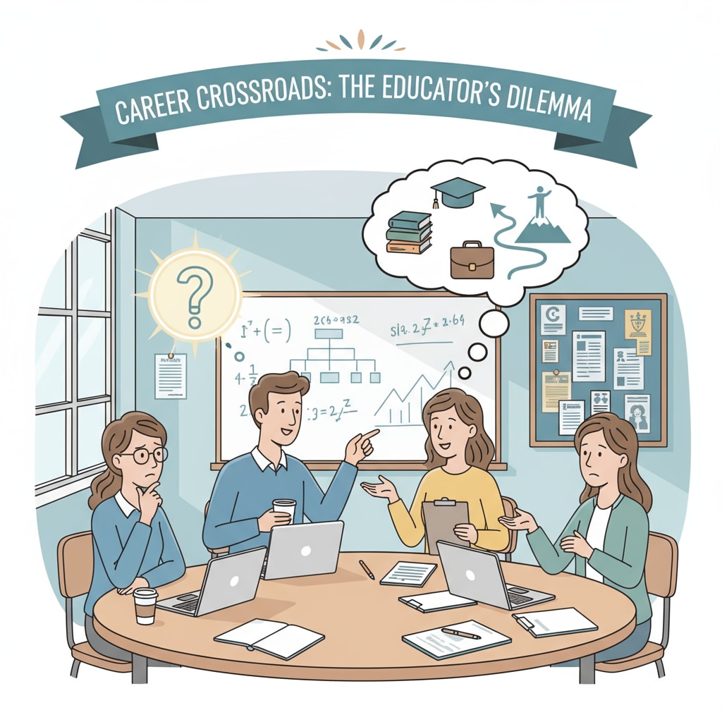 A group of K12 educators are having a discussion in a classroom setting, with some looking thoughtful and others expressing their opinions. This represents the dilemma they face in making career choices. K12 educators discussing academic upgrade, career choices, and continuing education in a classroom