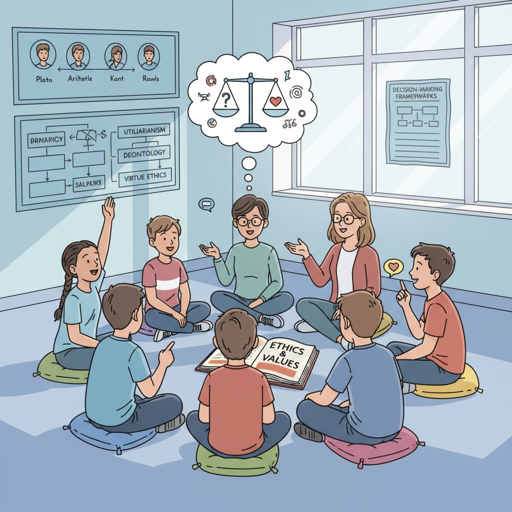 Classroom discussion on moral philosophy, ethics, empathy, and education