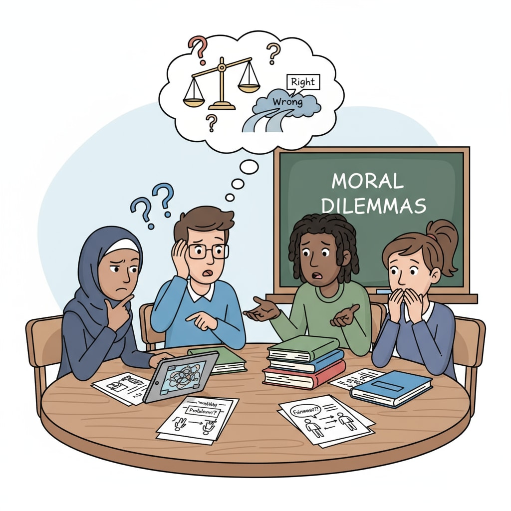 Students discussing moral dilemmas related to moral philosophy, ethics, empathy, and education