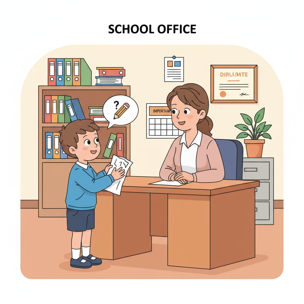 A child asking an adult for something in a school office related to workplace family relationships, child behavior management, and professional boundaries