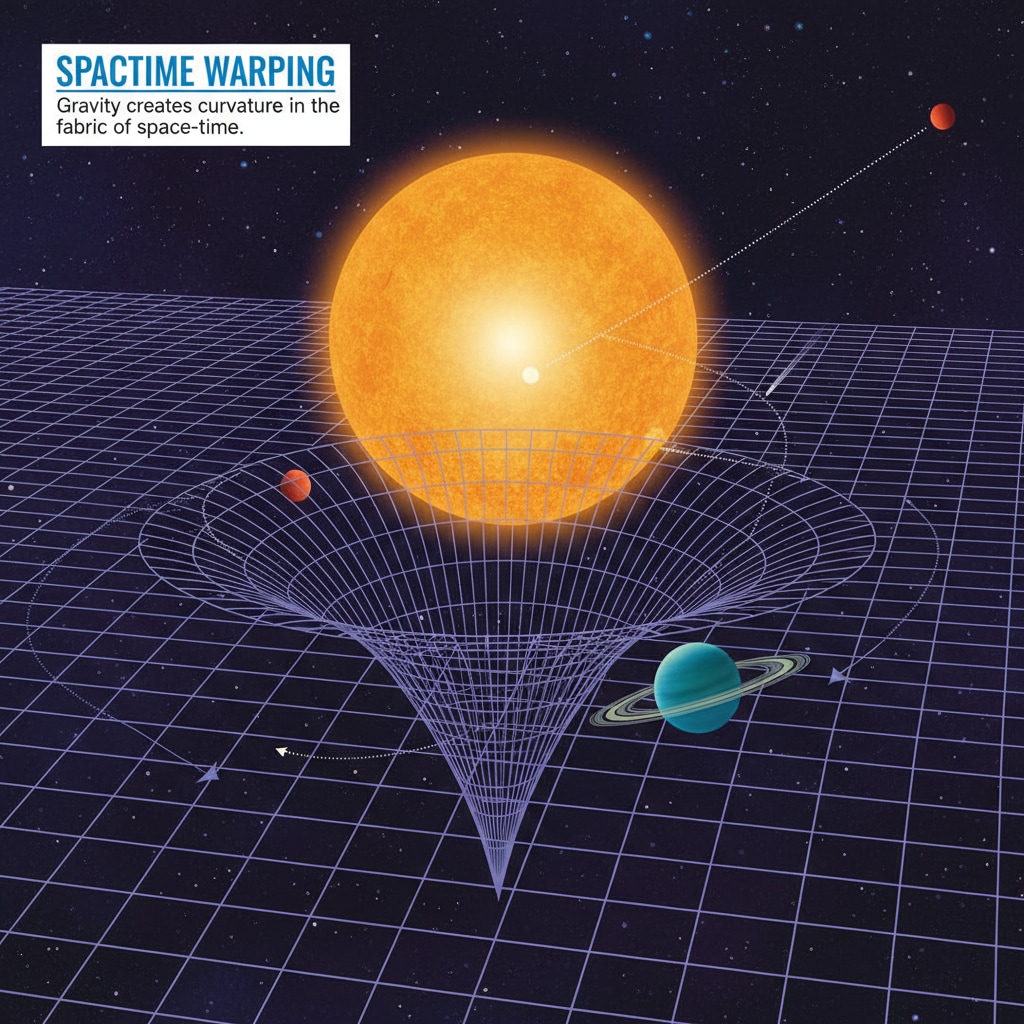 This illustration depicts the warping of space - time by gravity, showing how gravity creates a curvature in the fabric of space - time. Illustration of how gravity warps space - time related to time, gravity, and building height