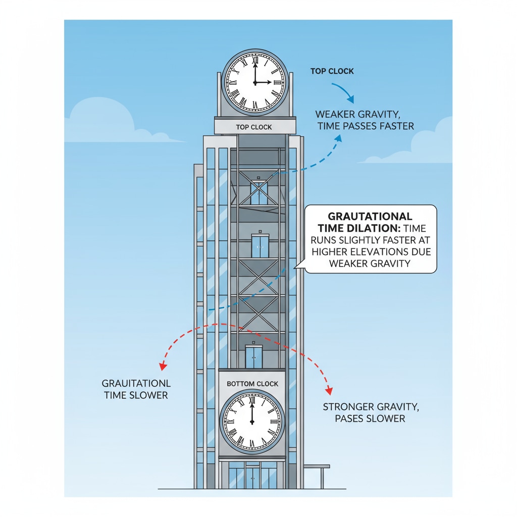 A side - by - side comparison of two clocks, one at the bottom and one at the top of a building, highlighting the difference in timekeeping due to gravity. Comparison of clocks at different heights of a building regarding time, gravity, and building height