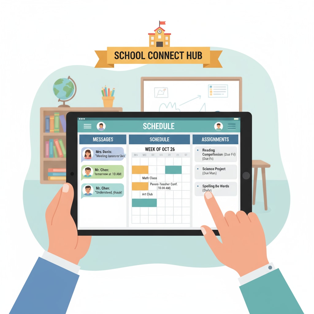 A group of parents and teachers are shown interacting on a digital platform, with messages, schedules, and assignments visible on the screen, representing a school communication platform in action. Parents and teachers communicating on a school communication platform