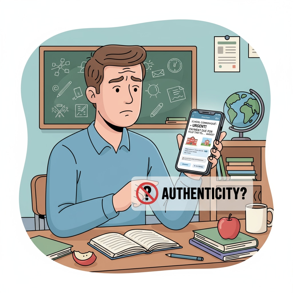 A parent is sitting at a desk, looking confused while reading information on a mobile app, which is supposed to be a school communication app, highlighting the issue of authenticity. Confused parent reading information on a school communication app