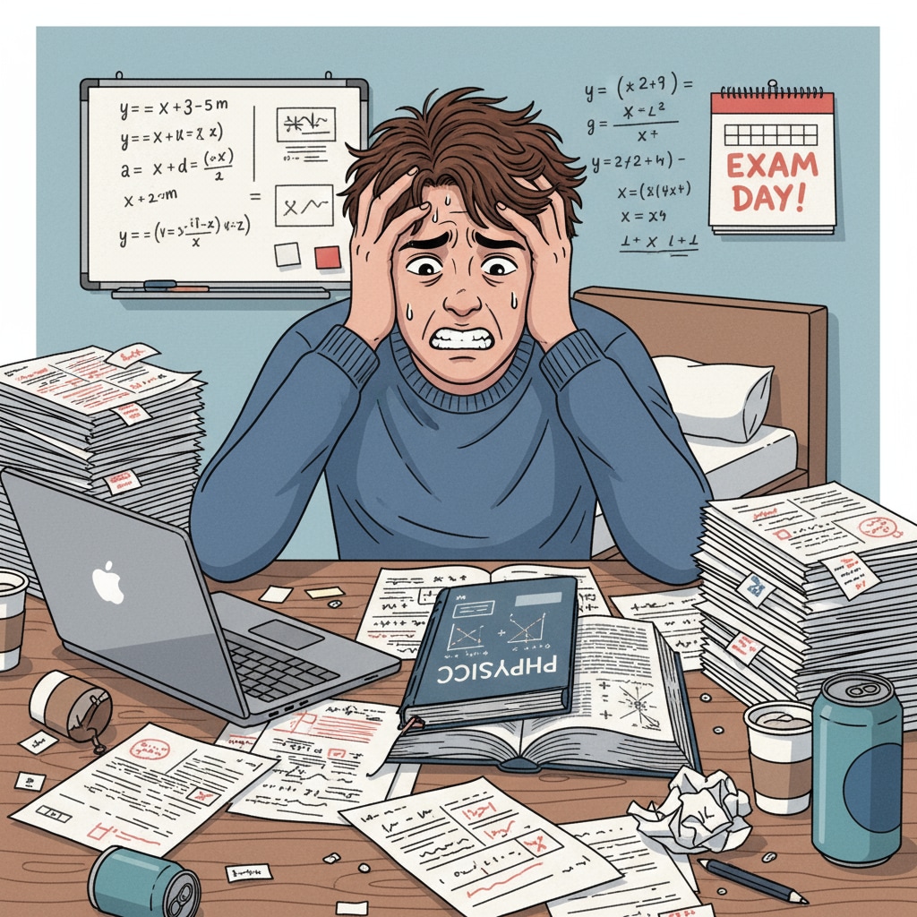 A stressed student in the American education system due to the overemphasis on standardized testing, a sign of cultural deficiencies and need for social change.