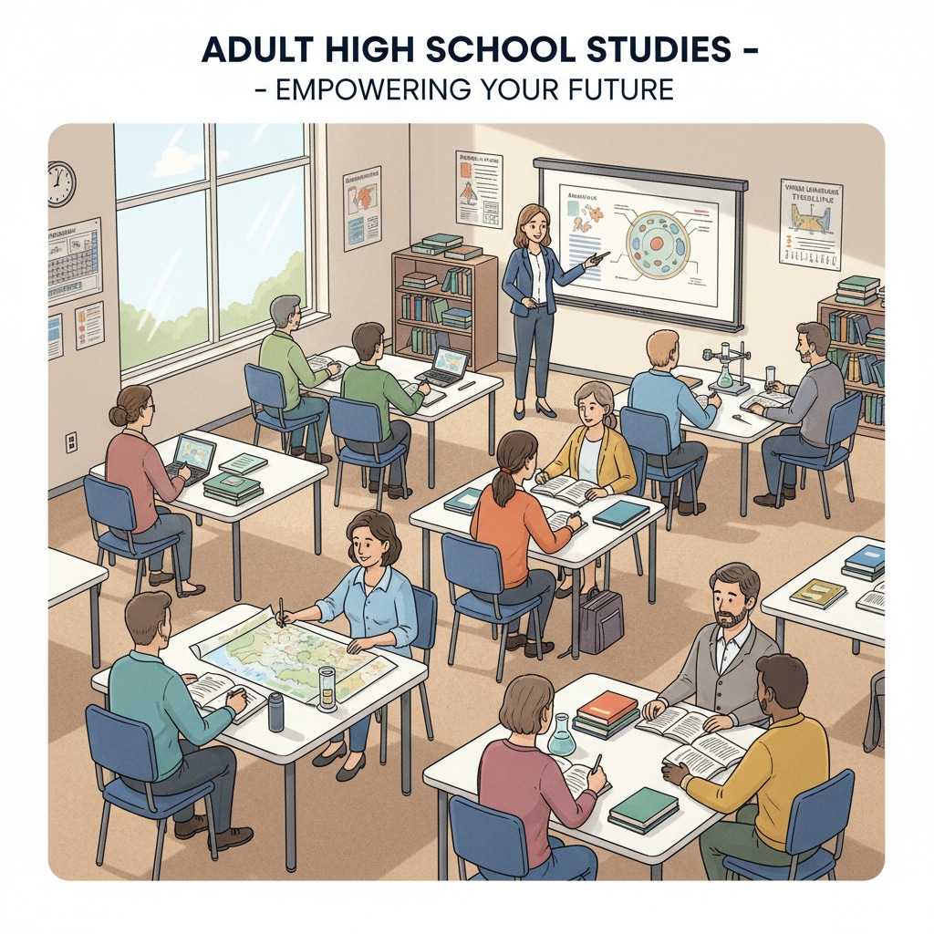 Adult education classroom for high school diploma and equivalent certificate pursuit