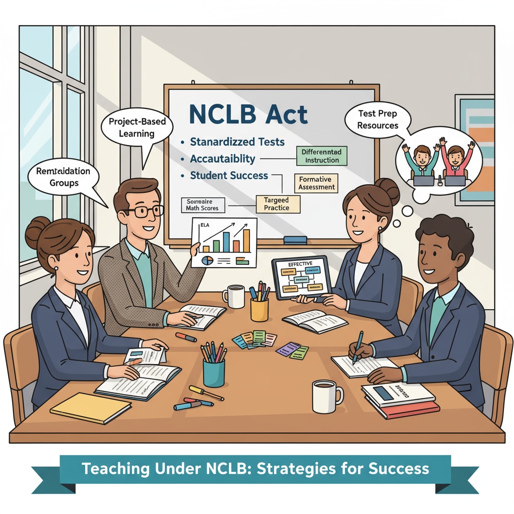 Teachers are engaged in a discussion about how to teach effectively under the influence of the NCLB Act, sharing ideas and strategies to help students meet the requirements of the standardized tests. Teachers discussing educational strategies related to NCLB Act and educational accountability and transformation