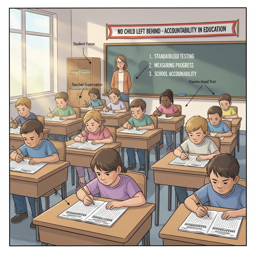 Students are sitting at their desks, concentrating on a standardized test, which is a significant part of the educational accountability measures introduced by the NCLB Act. Students taking a standardized test as part of NCLB Act's educational accountability and transformation efforts