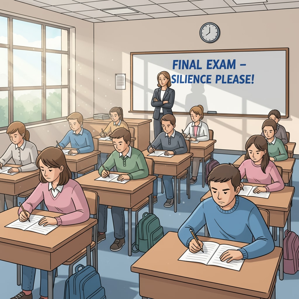 A classroom scene showing a test invigilator preparing for a K12 test.