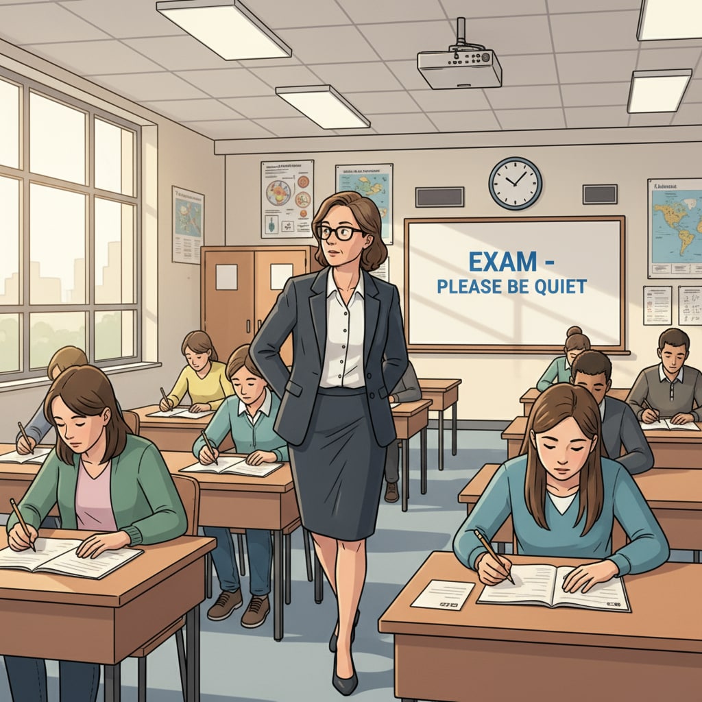 A test invigilator monitoring students during a K12 test to maintain fairness.