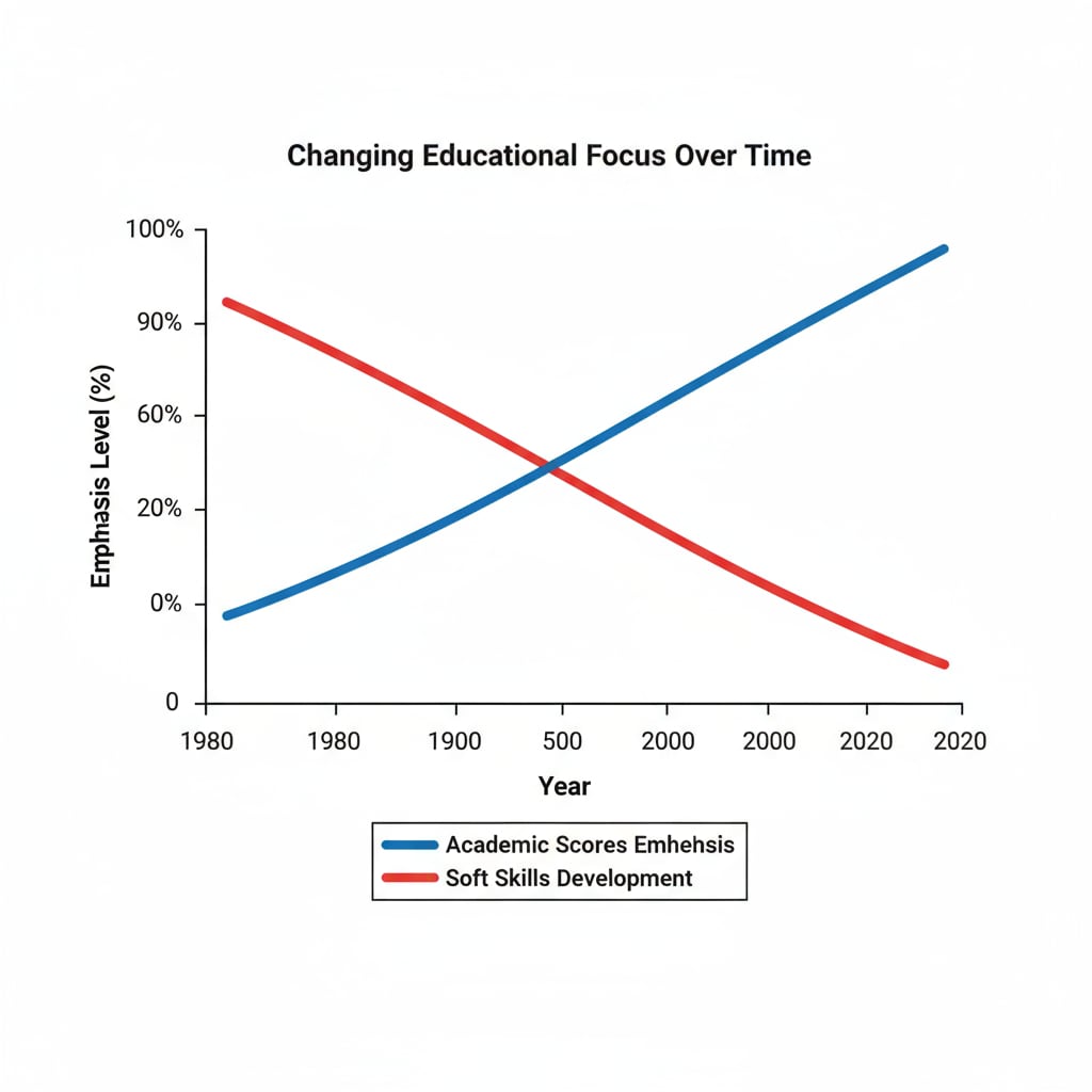 Graph depicting the trend of increasing academic scores and decreasing soft skills development in secondary education