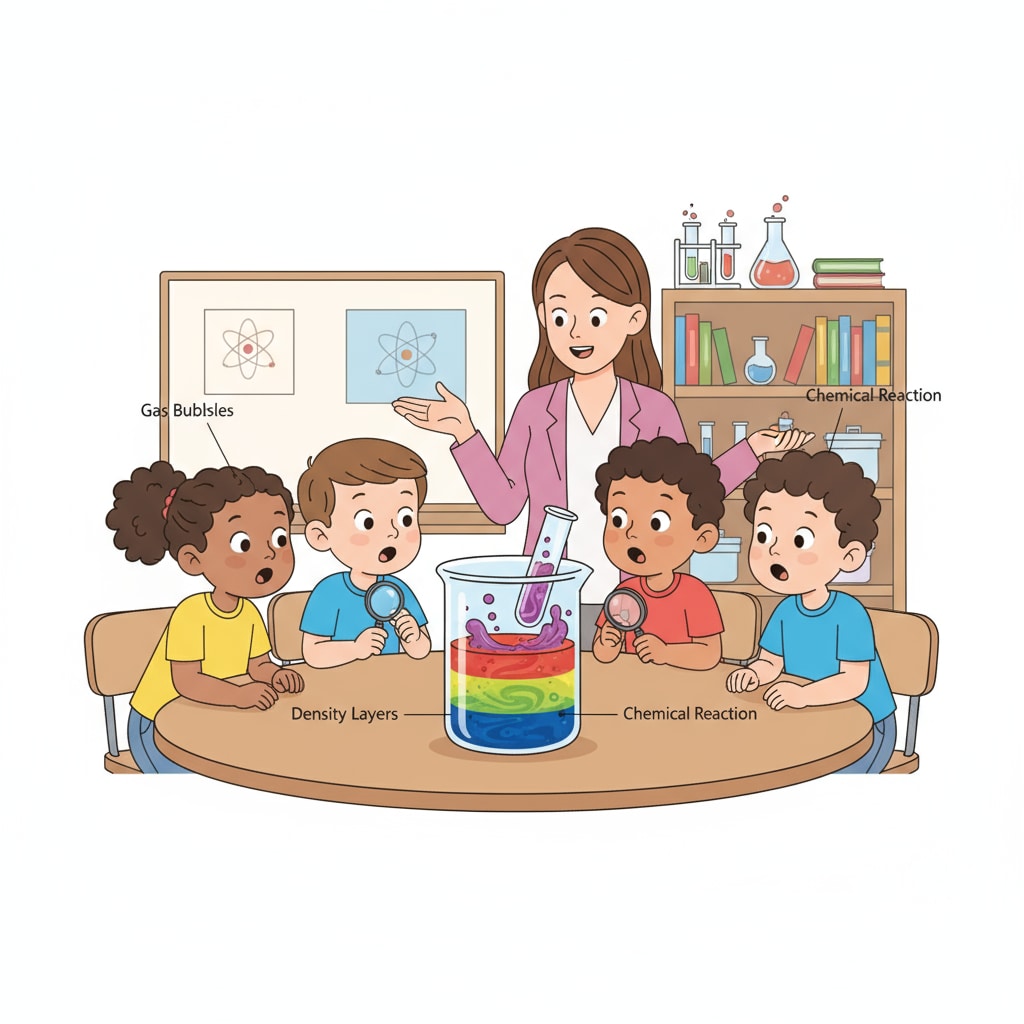 A group of young children are gathered around a table, observing a simple science experiment where colorful liquids are interacting. They have curious expressions on their faces as they watch the experiment unfold. Young children observing a science experiment related to scientific methods in a fun learning environment
