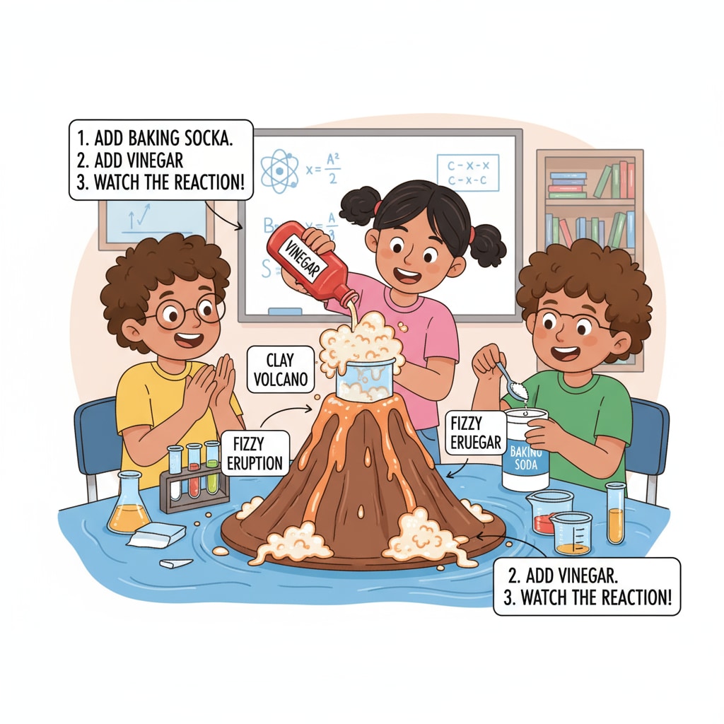 Children are actively involved in performing the Fizzy Volcano experiment. They are adding baking soda and vinegar to the clay volcano model, and there is a visible fizzy eruption. Everyone is excited and engaged. Children performing a science experiment for a science exhibition project, demonstrating scientific methods